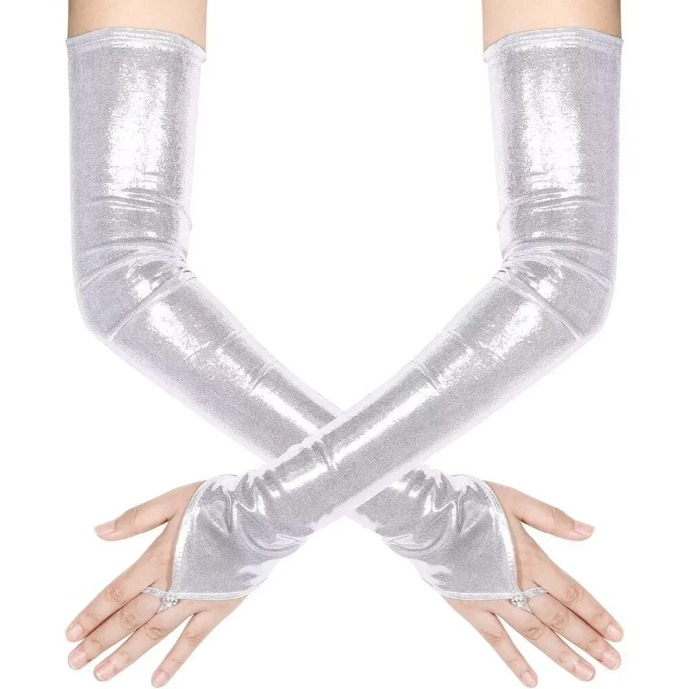 Women's Silver Shiny Elastic Satin Rave Fingerless Long Gloves Party Costume